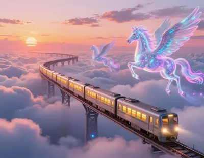 A sleek, silver train with a warm, golden glow emanating from its windows, crosses a majestic, serpentine sky-bridge suspende
