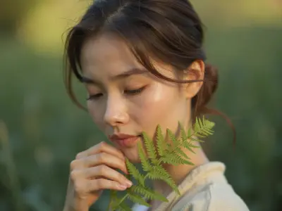A soft pastel hued head-and-shoulders portrait of a botanist with a delicate fern leaf held gently against her cheek, her eye