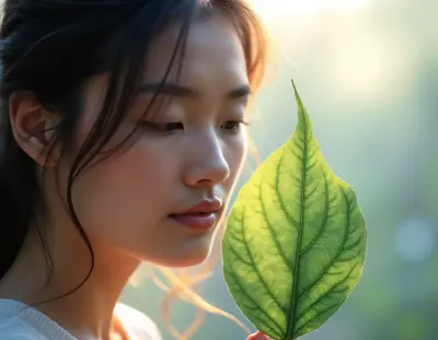 A softly lit, head-and-shoulders portrait of a botanist with a delicate, emerald green leaf held gently against her cheek, he