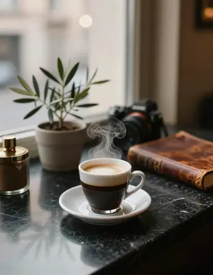 A steaming espresso on a polished black marble counter, captured with a Sony A7R IV and 55mm f/1.8 lens, under soft, warm, na