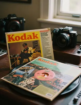 A still life photograph of an open vinyl record sleeve, captured with a Sony A7R IV and a 50mm f/1.4 Zeiss lens, featuring a 