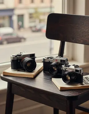 A still life photograph of vintage cameras arranged on a dark wood bench, captured with a Sony A7R IV and 50mm f/1.4 lens, fe