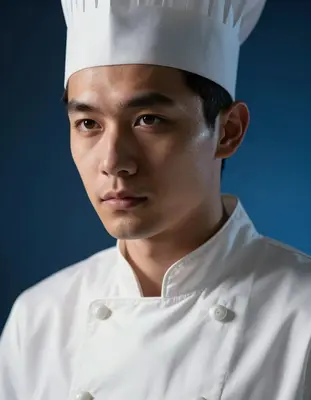 A studio headshot of a young chef in immaculate whites, focused expression, with a subtle sheen on their forehead, ultra real