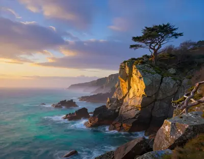 A surreal dawn breaks over a rugged Cornish coastal cliff, where wispy cirrus clouds are set aflame by golden hour light, as 