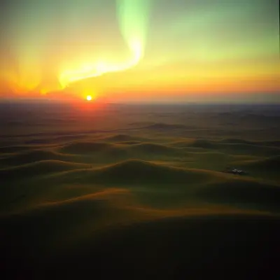 A sweeping aerial view of the Mongolian steppe under a vibrant aurora borealis, with undulating hills and vast expanses of em