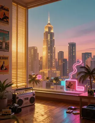 A synthwave city skyline at dusk shines through dusty venetian blinds in a mid-century modern high-rise apartment, warm golde