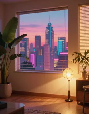a synthwave city skyline through venetian blinds with warm golden light of a setting sun casting long shadows on a mid-centur