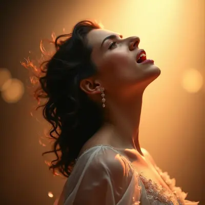 a tight headshot of an opera singer mid-aria, bathed in a dreamlike luminescence with theatre lights catching her cheekbones 