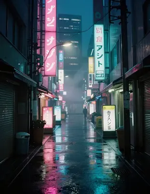A Tokyo neon alley at 3am, shot with a Sony A7R IV and 24mm f/1.4 lens, evoking the nostalgic glow of Kodak Portra 400 film, 