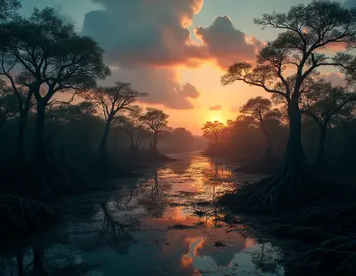 A vast, cinematic aerial view of a mystical tropical mangrove forest at golden hour, with the dark, foreboding silhouettes of