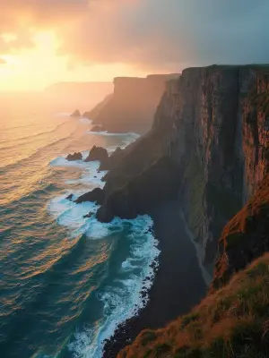 A vast Cornish coastal cliff at dawn, set against a backdrop of swirling mist and golden hour light, with ultra-realistic ren