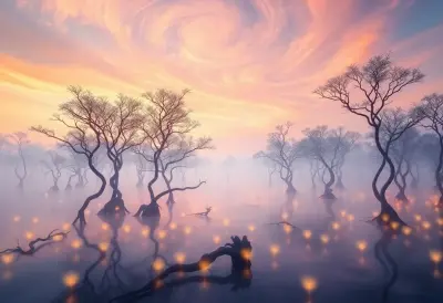 A vast, ethereal tropical mangrove forest stretches towards the horizon, with delicate, feathery trees and twisted, glowing r