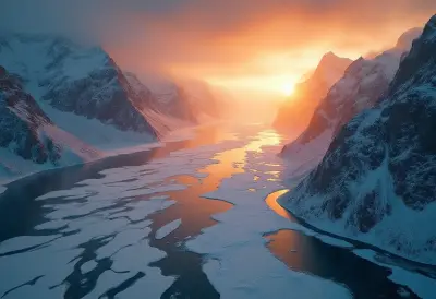 A vast, icy Norwegian fjord stretches towards the horizon, bathed in the surreal, golden hue of a setting sun, as if the sky 