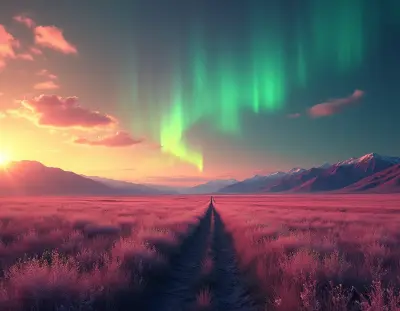 A vast Mongolian steppe stretches towards the horizon under the ethereal glow of a vibrant aurora borealis, with dreamlike wi