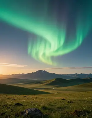 A vast Mongolian steppe stretches towards the horizon under the mesmerizing dance of a vibrant aurora borealis, with studio l