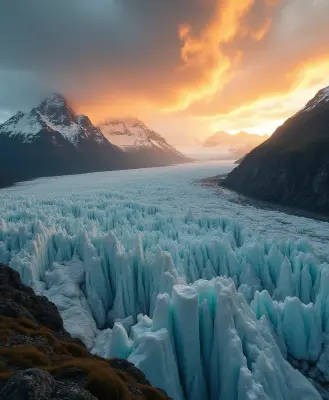 A vast, surreal Patagonian glacier landscape at golden hour, with towering seracs and crystalline ice formations stretching t