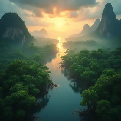 A vast, ultra-realistic tropical mangrove forest at golden hour, with misty dawn fog hovering above the waterline, dramatic s