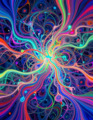 Vibrant neon plasma tendrils undulate and merge in a kaleidoscopic dance, as if infused with the essence of suminagashi marbl