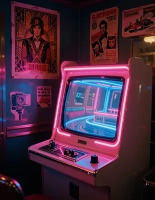 a vintage arcade cabinet glowing with bright neon hues of pink and blue in a dark and nostalgic hallway with warm film grain 