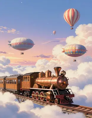 A vintage-inspired steam train with a copper-hued locomotive and wooden carriages crosses a magnificent sky-bridge suspended 