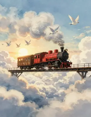 A vintage-inspired steam train with a rusty red locomotive and worn wooden carriages crosses a majestic sky-bridge suspended 