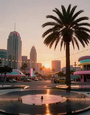 A warm, nostalgia-tinged vaporwave grid sunset with a lone palm tree silhouetted against a kaleidoscope of pastel hues, set a