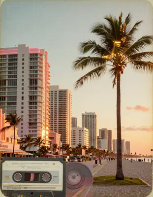 A warm, nostalgic vaporwave grid sunset with a lone, slender palm tree set against a pastel-hued, art deco-inspired Miami Bea