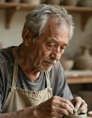 A warmly lit, photorealistic close-up portrait of an elderly potter, with a gentle, wispy fringe of grey hair framing their w