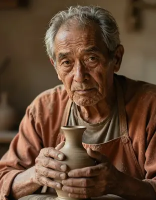A warmly lit, photorealistic close-up portrait of an elderly potter, with wisps of grey hair peeking out from under a worn, t