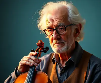 A warmly lit, vibrant, photorealistic head-and-shoulders portrait of a bespectacled elderly violin-maker, immersed in examini