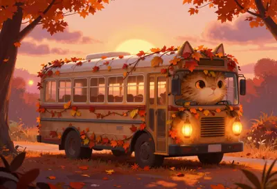 A whimsical cat-bus stop nestled among vibrant autumn foliage, warm golden light of a setting sun casting long shadows across