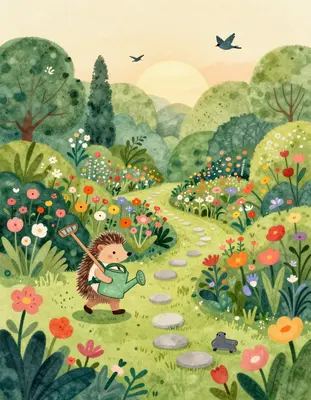 In a whimsical, dreamy garden filled with lush greenery and vibrant wildflowers, a hedgehog gardener wearing a tiny watering 