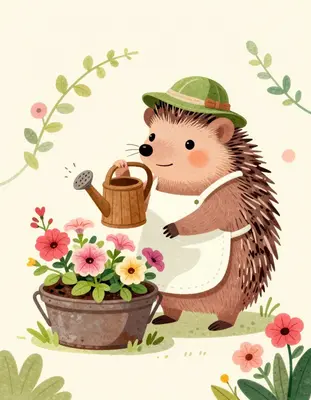 A whimsical flat design illustration of a hedgehog gardener surrounded by lush blooming flowers and vines in a stylized water