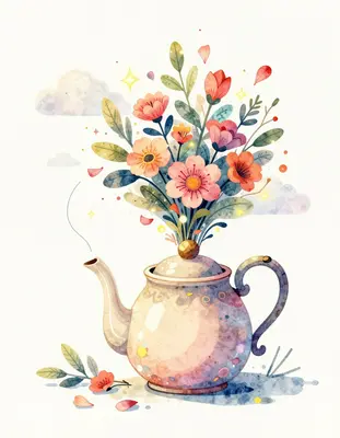 A whimsical, flat-designed illustration of an enchanted teapot brewing a vibrant floral explosion, set against a soft, waterc