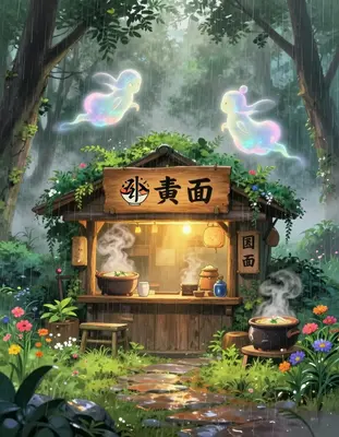 A whimsical hilltop ramen stall stands alone in the midst of a gentle downpour, surrounded by lush greenery and vibrant wildf