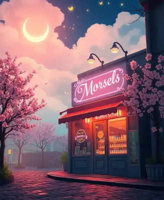 A whimsical magical bakery shopfront at night, set against a softly glowing misty backdrop of pastel-colored clouds and twink