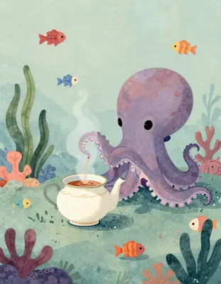 In a whimsical underwater scene reminiscent of classic children's book illustrations, an octopus with soft, expressive tentac