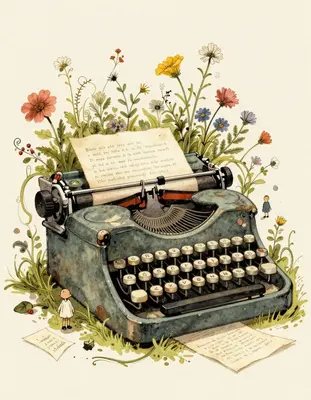 A whimsical, vintage-inspired illustration of a distressed, antique typewriter overgrown with lush, curly vines and blooming 