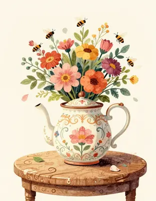 In a whimsical, vintage-inspired scene, an enchanted teapot with intricate, swirling patterns and a delicate floral lid brews