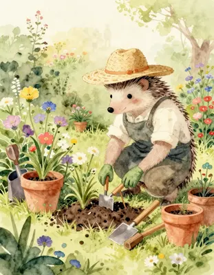 in a whimsical watercolor garden scene, a stylized hedgehog gardener with a green thumb and a wide-brimmed straw hat tends to