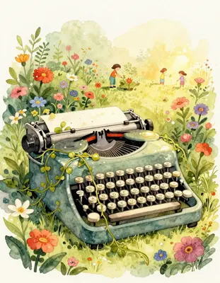 a whimsical watercolor illustration of a vintage typewriter overrun with lush green vines and colorful wildflowers in a delic