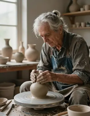 A wise and weathered elderly potter with silver hair tied back in a loose ponytail and a few streaks of clay on their worn de