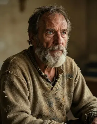 A worn, grizzled fisherman in his early sixties with a strong, angular face, wispy grey beard, and piercing blue eyes, sits i