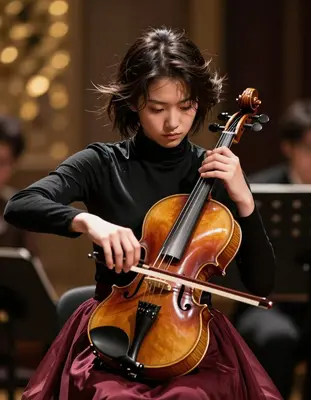 A young Asian violinist with a determined expression and intensely focused eyes, lost in the midst of a passionate performanc